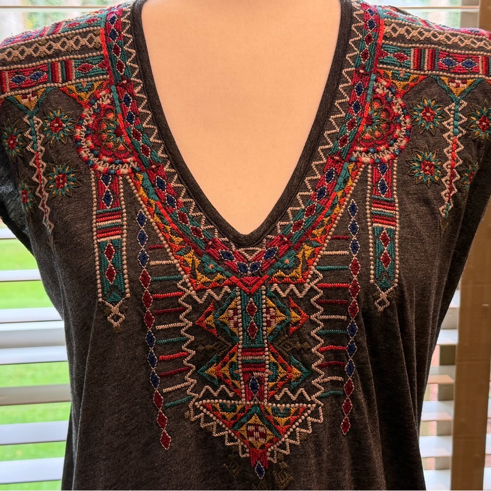 Johnny Was Charcoal V-Neck Tunic with Multicolor Embroidery